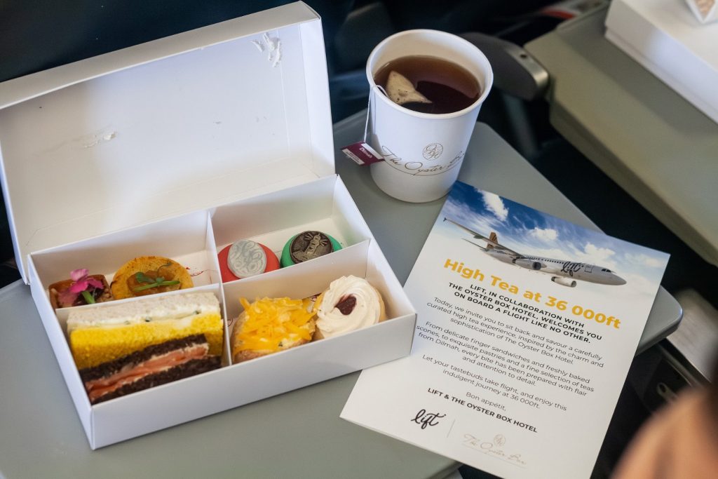 LIFT PASSENGERS BEING SPOILT BY LIFT AND THE OYSTER BOX WITH AN IN-FLIGHT HIGH TEA AT 36K FEET, LIFT, Lift, Mother's Day, Infused for take-off: LIFT crew brew High Tea, sky high, ahead of Mother’s Day,
