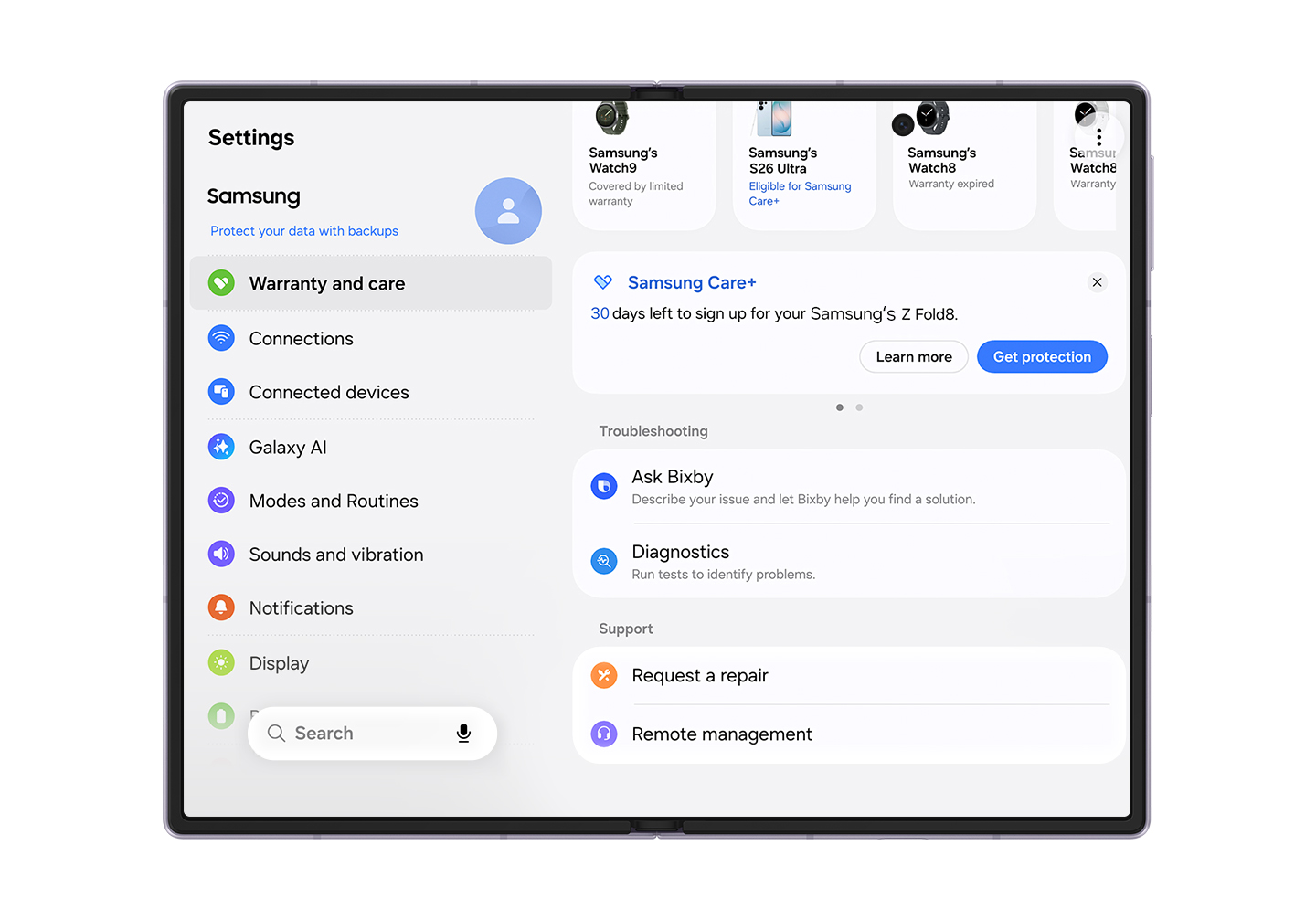 Warranty and care' Menu Simplifies Device Care for New Foldables