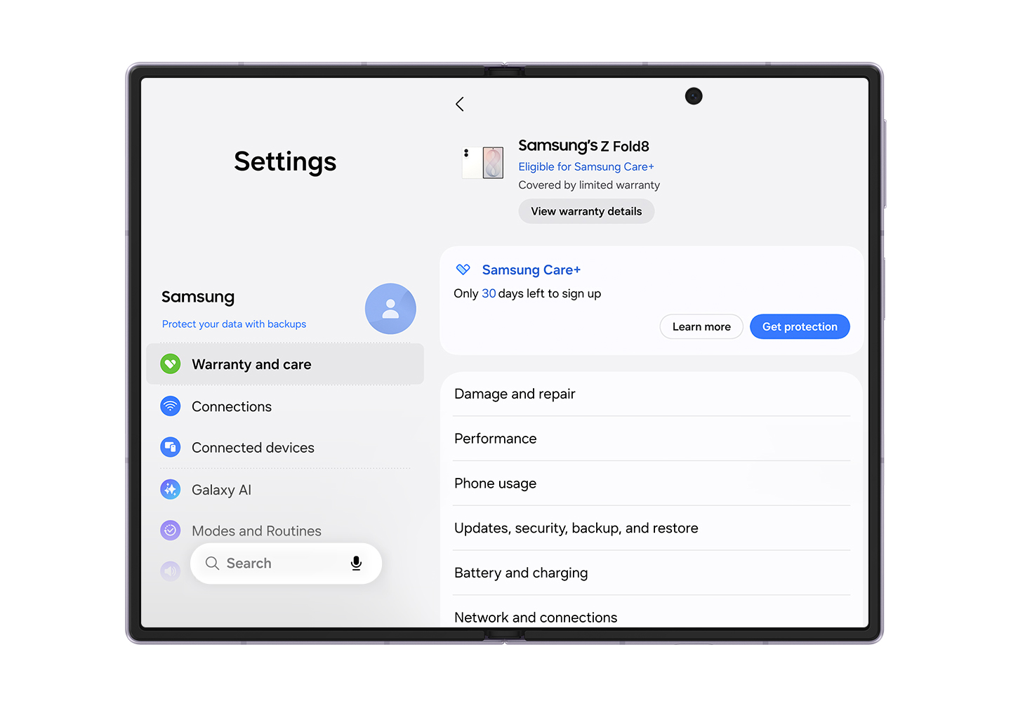 Warranty and care' Menu Simplifies Device Care for New Foldables