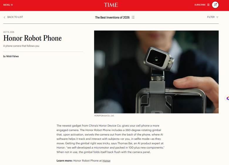 HONOR Robot Phone selected in TIME’s The Best Inventions of 2026